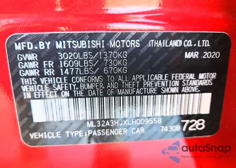 2020 Mitsubishi Mirage Es z USA, uszkodzony, nr VIN ML32A3HJXLH009558